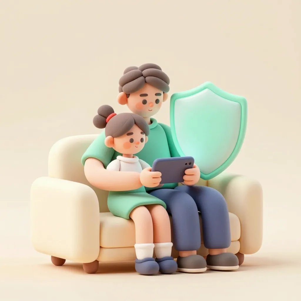 Vater und Tochter auf dem Sofa schauen gemeinsam aufs Tablet, daneben ein Schutzschild