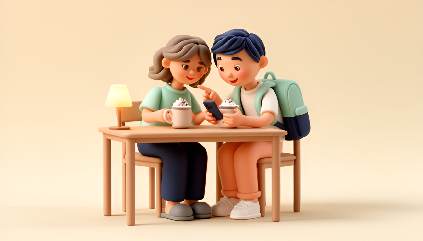 Mutter und Sohn sitzen abends mit Kakao am Esstisch und richten gemeinsam sein Handy ein