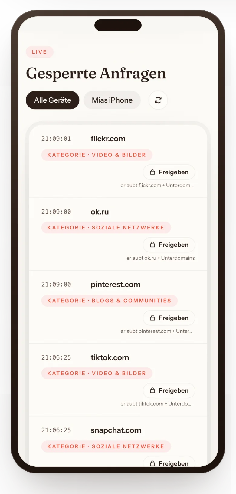 Elternportal auf dem Handy: Liste gesperrter Anfragen mit Uhrzeit, Domain, Kategorie und einem Knopf „Freigeben“.