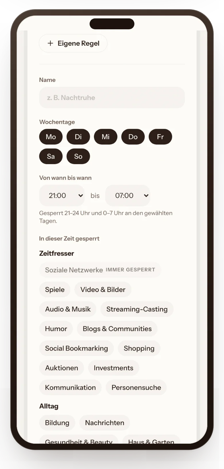 Formular für eine eigene Zeitregel auf dem Handy: Wochentage, Zeitfenster von 21 bis 7 Uhr und wählbare Kategorien.